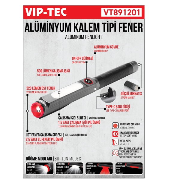 VT891201 ALÜMİNYUM KALEM TİPİ FENER